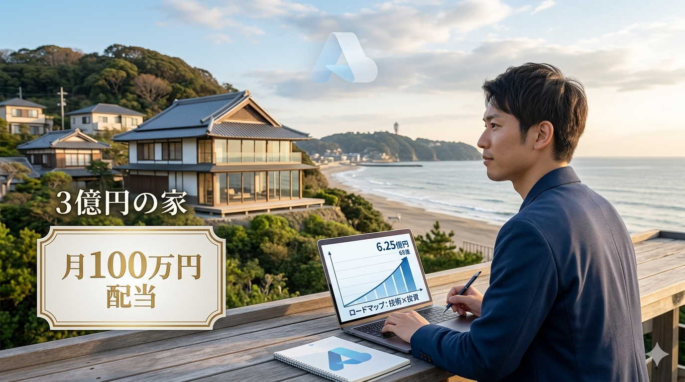 65歳までに資産6.25億円を目指すフリーランスAzureエンジニアが、技術と投資で鎌倉に3億円の家と月100万円の配当を築くロードマップを視覚化したイメージ画像