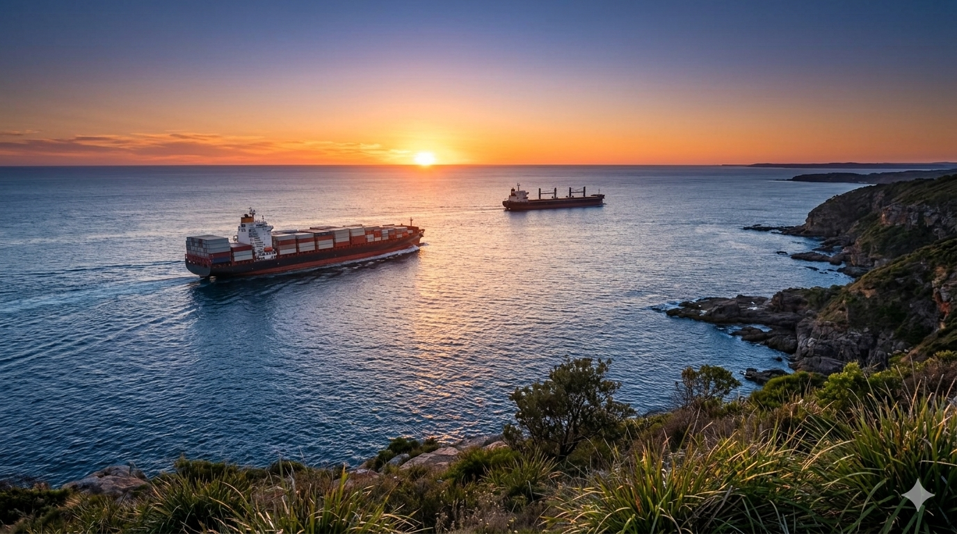 年収1000万の船乗りからIT業界へ転身した筆者のキャリアを象徴する、夕暮れの海を行くコンテナ船のオリジナル画像