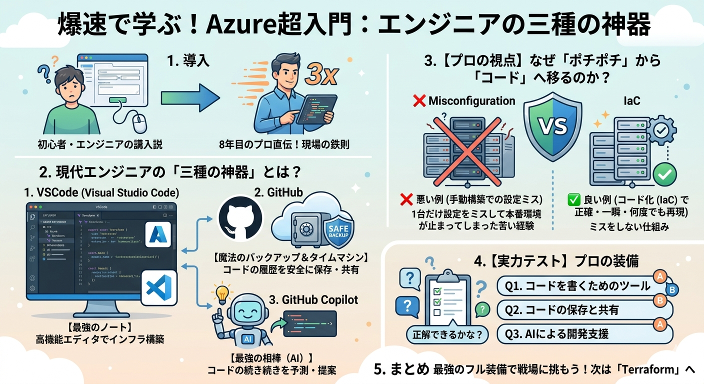 Azureの学習を始めるエンジニアに向けた、必須のITツール「三種の神器」を紹介するインフォグラフィック画像。VSCode、GitHub、GitHub Copilotそれぞれの役割と、インフラをコードで管理（IaC）するメリットをイラストと図解でわかりやすくまとめています。記事の内容を理解するためのチェックリストとしても活用できます。