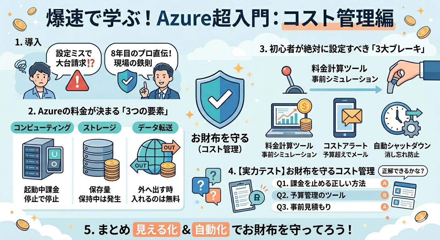 Azureのコスト管理を解説するインフォグラフィック。料金が決まる3要素（計算・保存・通信）と、予算オーバーを防ぐ3大機能（料金計算ツール・アラート・自動シャットダウン）をイラストで紹介。初心者でも安心してクラウドを利用するためのポイントをまとめた画像。