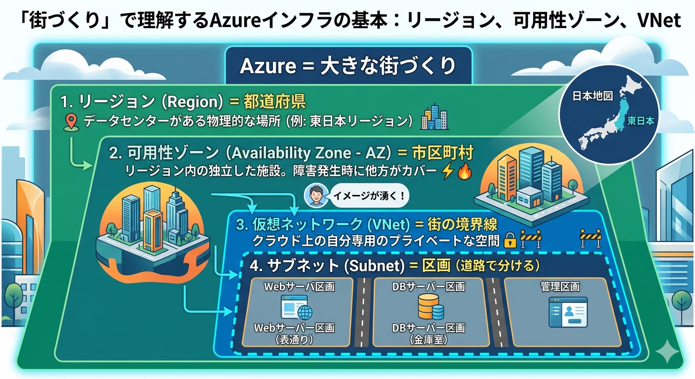 「街づくり」に例えてAzureインフラの基本を解説したインフォグラフィック。リージョンを「都道府県」、可用性ゾーン（AZ）を「市区町村」、仮想ネットワーク（VNet）を「街の境界線」、サブネットを「区画」に見立て、それぞれの役割と階層構造を視覚的に表現しています。日本地図のイラストを用いて東日本リージョンの例を示し、Webサーバー、データベース、管理画面のアイコンでサブネットの用途分けも解説しています。全体として、Azureインフラがどのように構成されているかを直感的に理解できる内容となっています。