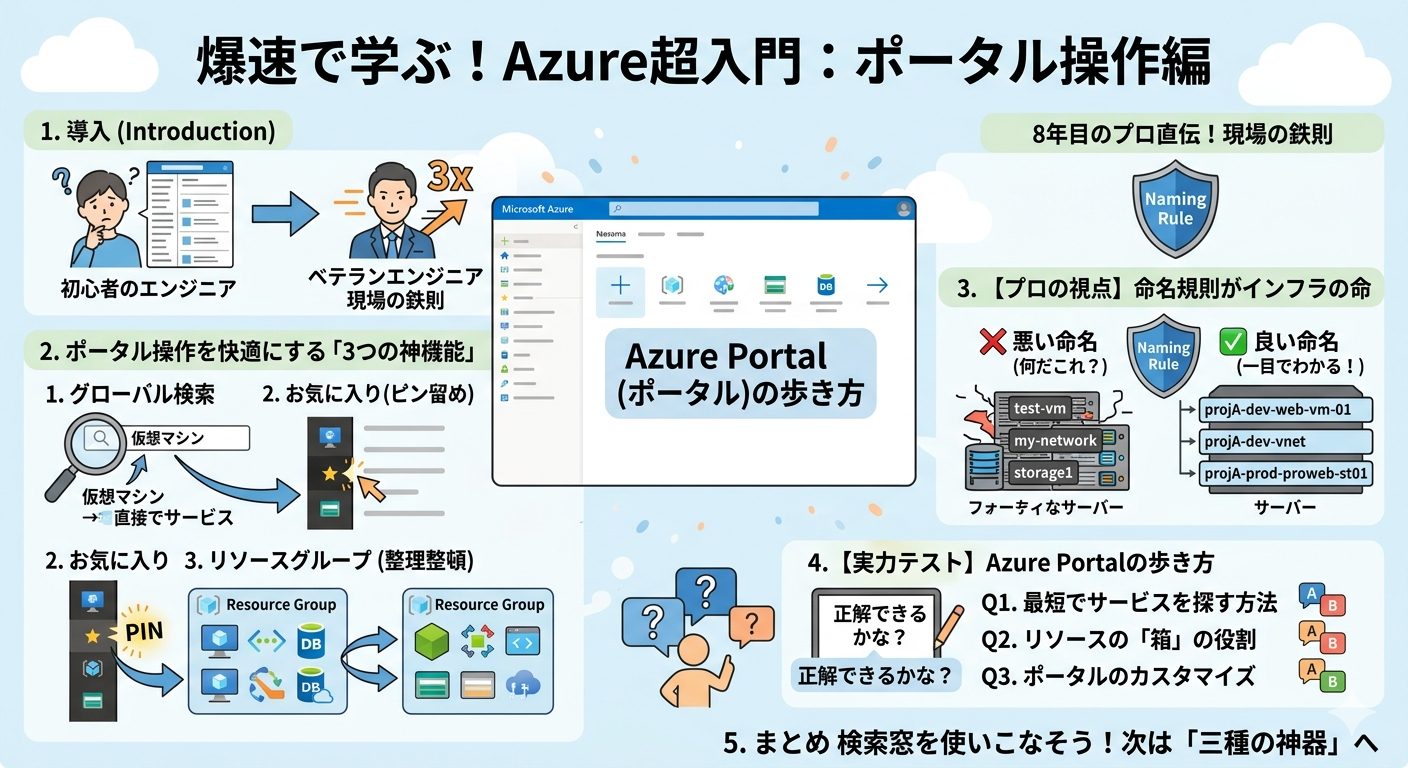 Azure Portalの操作を解説するインフォグラフィック。「3つの神機能」としてグローバル検索、お気に入り（ピン留め）、リソースグループを紹介。さらに、プロの視点による命名規則の重要性、ポータルの歩き方を問う実力テスト、VSCode・GitHub・Copilotという「三種の神器」への予備知識をイラストでまとめた画像。