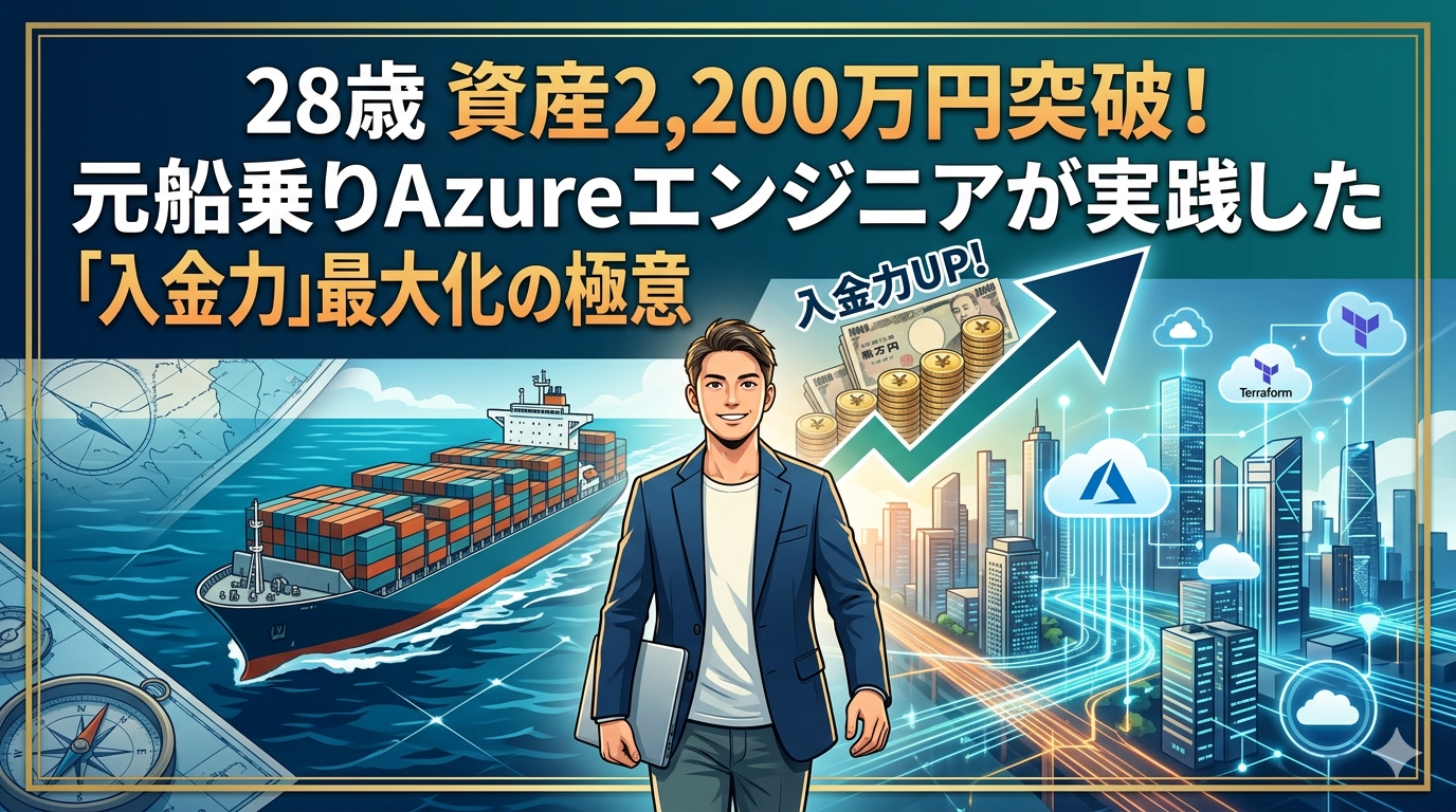 28歳で資産2,200万円。元船乗りのフリーランスAzureエンジニアが実践した「入金力」最大化の極意。海からITへのキャリア転身と蓄財の成功を表現したアイキャッチ画像。