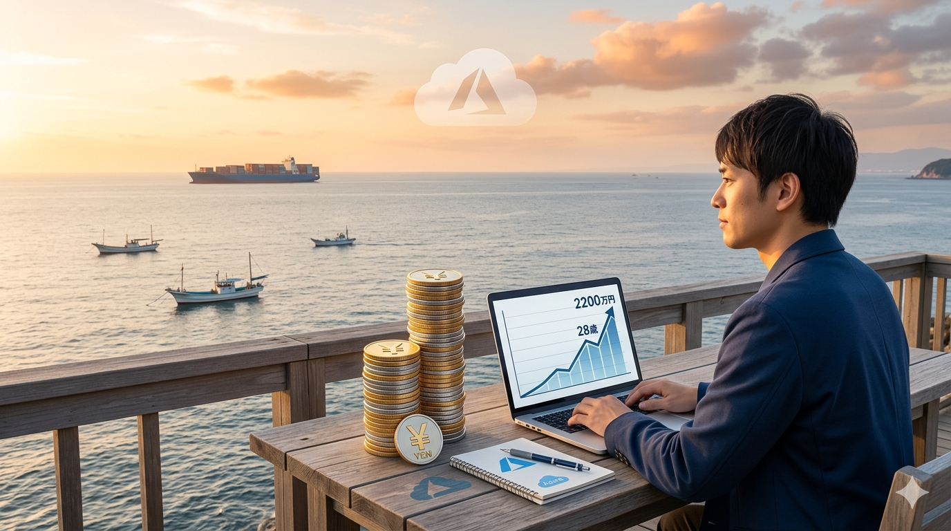 元船乗りのフリーランスAzureエンジニアが、海という過去を背景に、技術力と仕組み化で積み上げた2200万円の資産とノートPCを描いたアイキャッチ画像