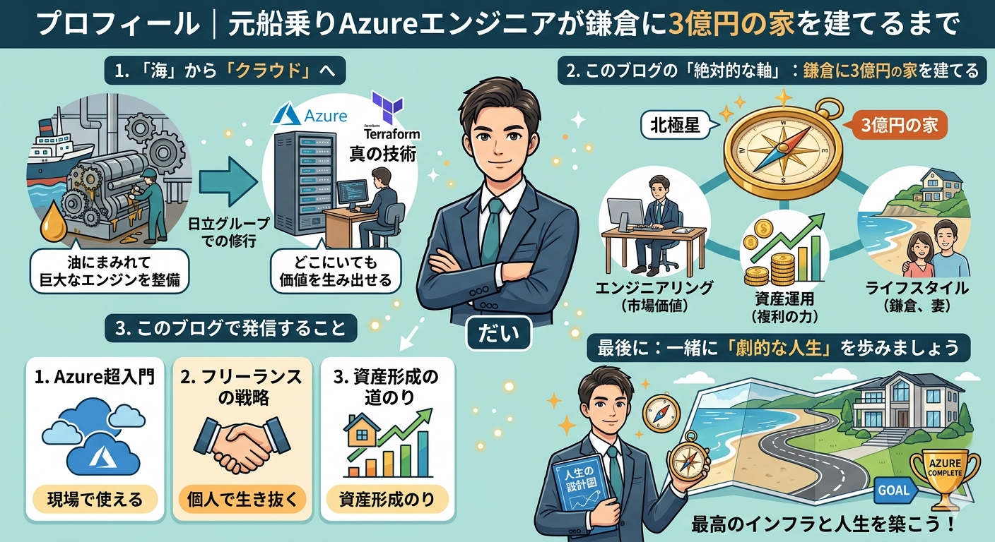 ブログ「Dramatic-infra65」の管理人である、元船乗りのAzureエンジニア「だい」の自己紹介インフォグラフィック画像。船の機関士からITエンジニアへ転身した経歴、「鎌倉に3億円の家を建てる」という目標に向けた資産形成の戦略、そしてブログで発信するAzure技術やフリーランス戦略の内容をイラストと図解でわかりやすくまとめています。ブログの運営者情報を伝えるアイキャッチとして活用できます。