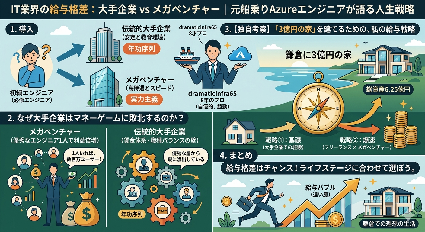 伝統的な大手企業とメガベンチャーの給与格差をテーマにしたインフォグラフィック画像。大手企業の「安定と教育（年功序列）」とメガベンチャーの「高待遇とスピード（実力主義）」という特徴を対比させ、大手で基礎を固めてフリーランス×メガベンチャー案件で稼ぐという、管理人の「3億円の家」に向けたキャリア戦略をイラストと図解でわかりやすくまとめています。記事の内容を理解するためのチェックリストとしても活用できます