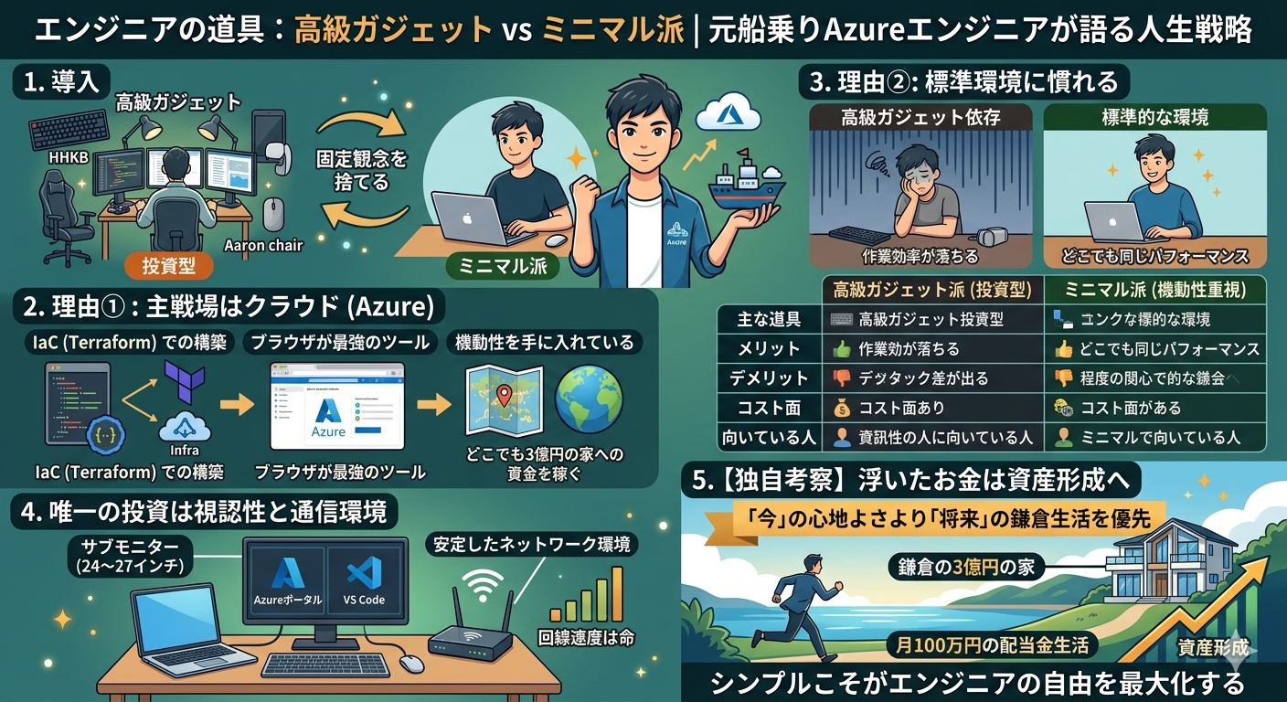 エンジニアの道具選びをテーマにしたインフォグラフィック画像。「高級ガジェット派（投資型）」と、管理人の「ミニマル派（機動性重視）」という2つのスタイルを対比させ、クラウド（Azure）を主戦場とするからこその合理的な理由と、道具にこだわらないことで浮いた資金を「鎌倉の3億円の家」に向けた資産形成に回すキャリア戦略をイラストと図解でわかりやすくまとめています。記事の内容を理解するためのチェックリストとしても活用できます。