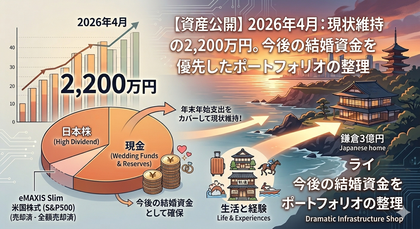 2026年4月の資産公開グラフ。2,200万円の総資産維持と、eMAXIS Slim 米国株式（S&P500）売却による結婚資金の確保、鎌倉の家を目指すロードマップを示すアイキャッチ画像。