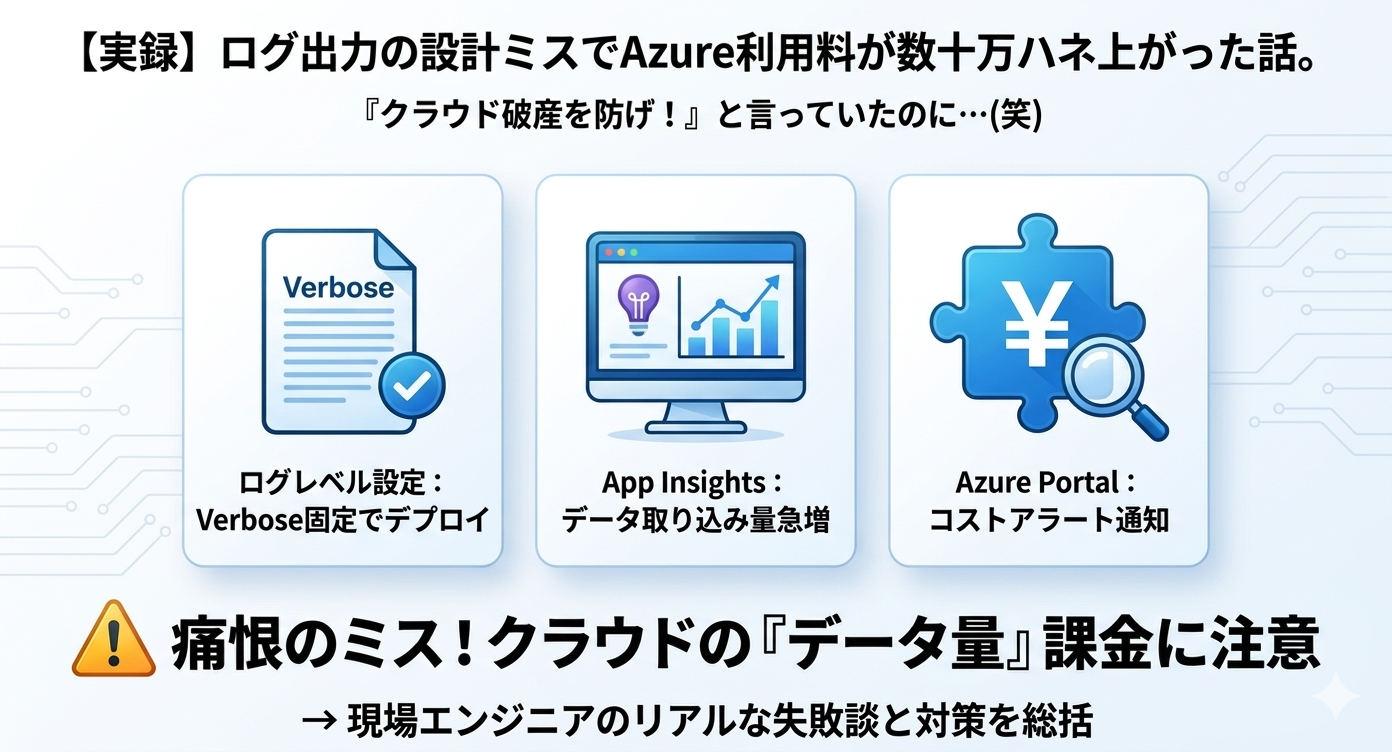 Azureのログ出力設定ミスにより利用料が高騰した失敗談と対策をまとめたアイキャッチ画像