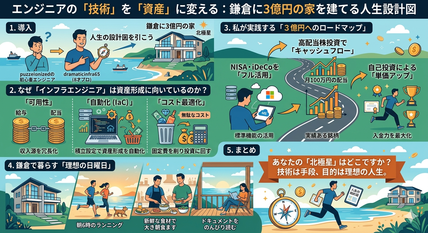 エンジニアの技術を資産に変え、鎌倉に3億円の家を建てるという管理人の人生設計図を解説するインフォグラフィック画像。「可用性」や「自動化」といったインフラの知識を資産形成に転用する考え方や、NISA・高配当株投資、自己投資を活用した「3億円へのロードマップ」、そして愛する妻と過ごす「鎌倉での理想の日曜日」をイラストと図解でわかりやすくまとめています。記事の内容を理解するためのチェックリストとしても活用できます。