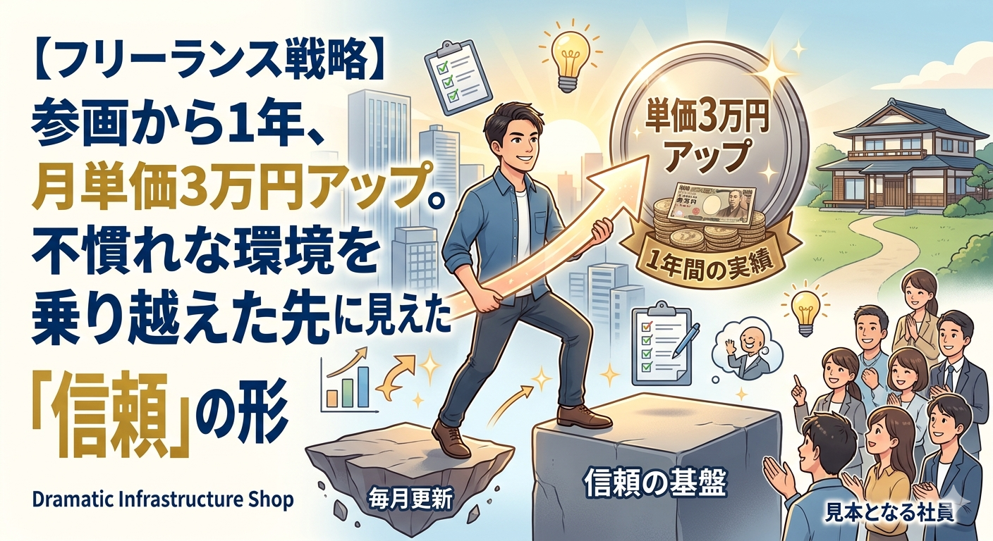 フリーランス参画1年で月単価3万円アップを達成したイメージ画像。不安定な毎月更新の時期を乗り越え、現場での信頼を築き、優秀な社員を見本に成長しながら目標の鎌倉の家へと進むエンジニアの姿。