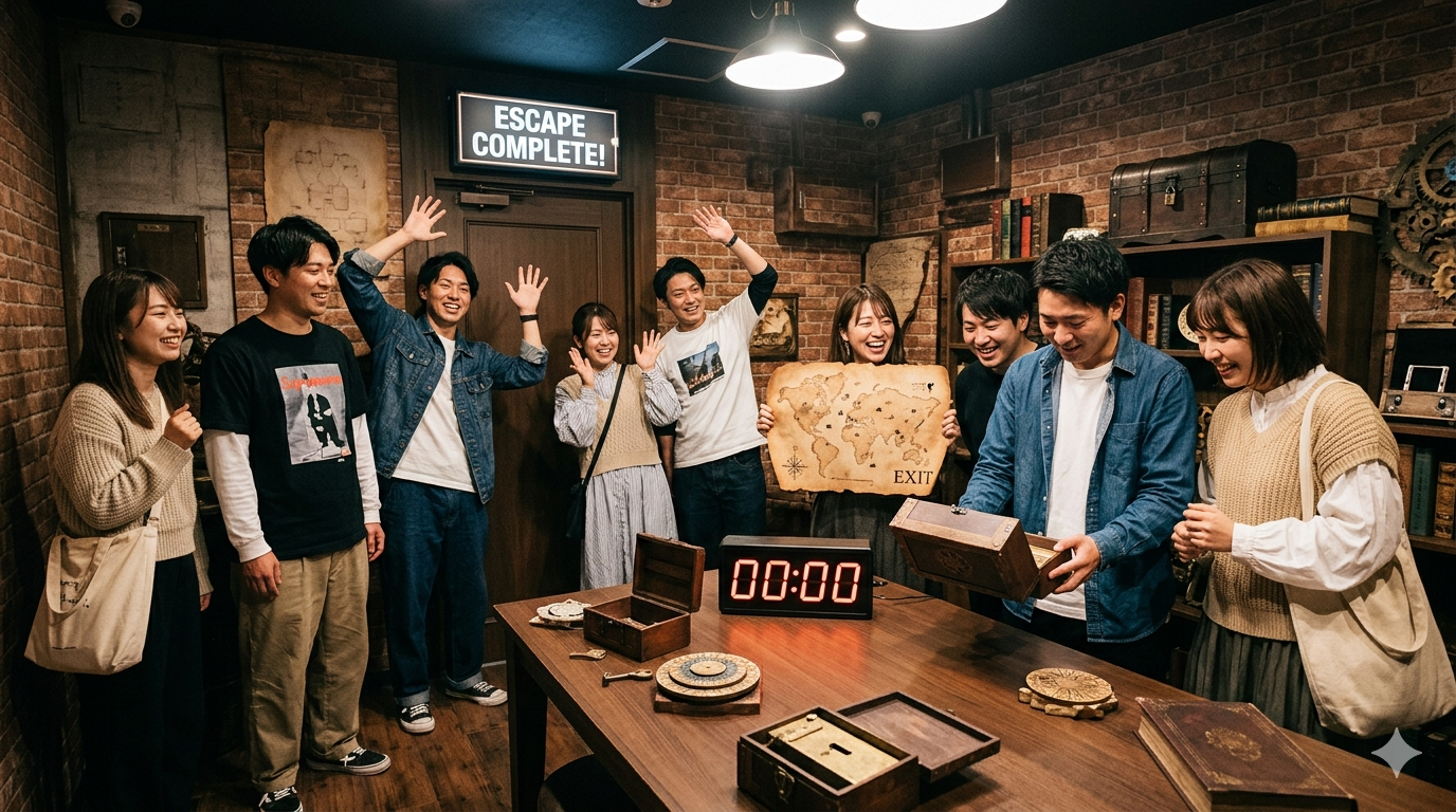 暗い部屋の中で、協力して光り輝く謎の箱を囲む10人のシルエット。チームワークと達成感を象徴するイメージ画像。