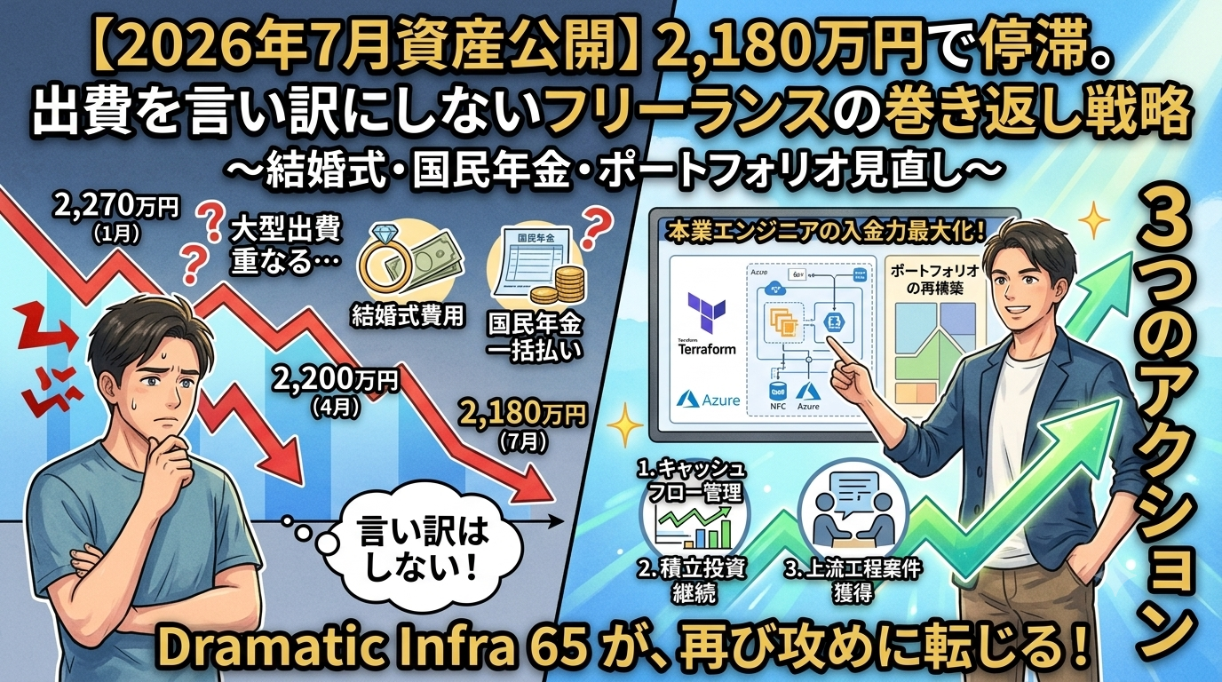 【2026年7月資産公開】結婚式や国民年金一括払いなどの大型出費により、総資産が年初の2,270万円から2,180万円へと停滞している男性フリーランスエンジニアの現状と、ここからポートフォリオの見直しと入金力強化で巻き返しを図る決意を描いたブログのアイキャッチ画像。