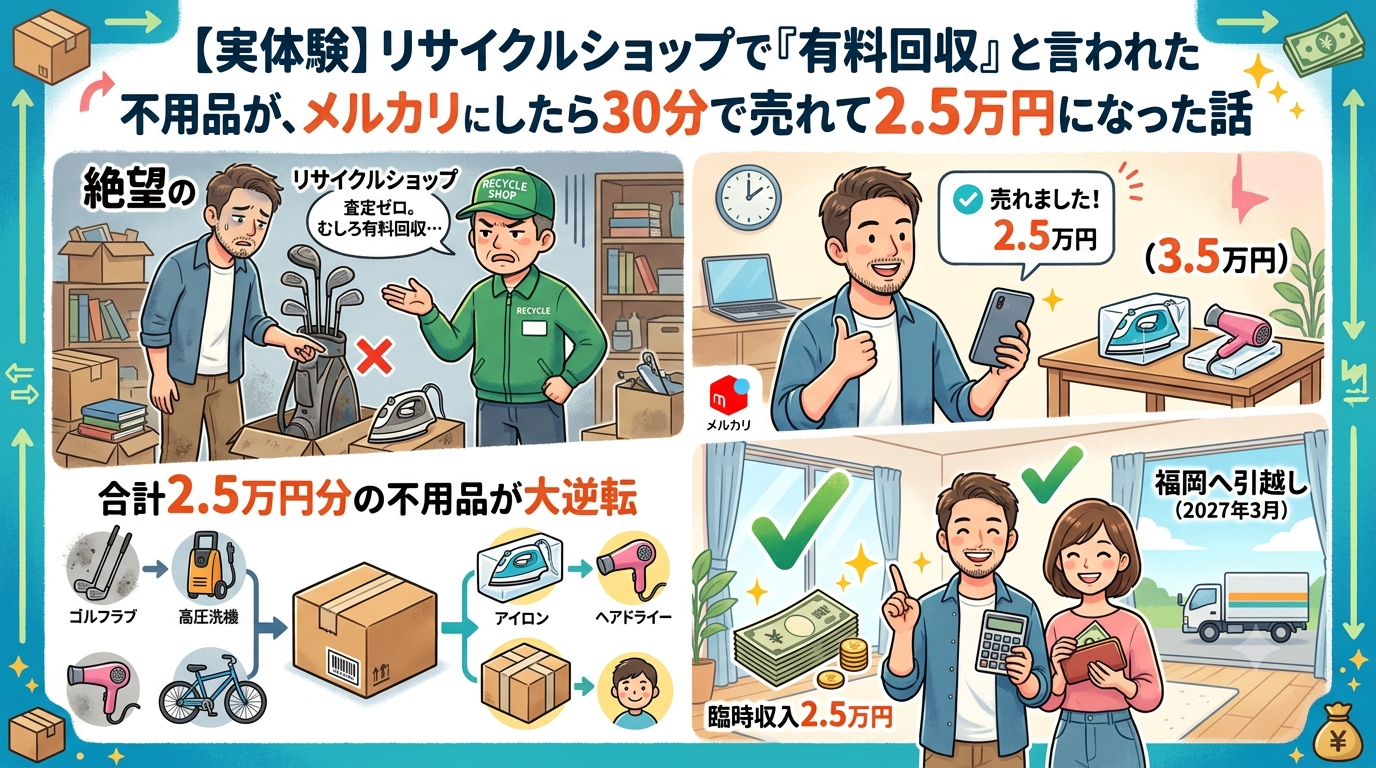 来年の引っ越しに向け断捨離を開始！車がないので出張買取を呼ぶも「有料回収」と言われ絶望。ダメ元で初めてメルカリに出品したところ、アイロンが30分で即売れ！自転車や高圧洗浄機など合計2.5万円になった体験談。