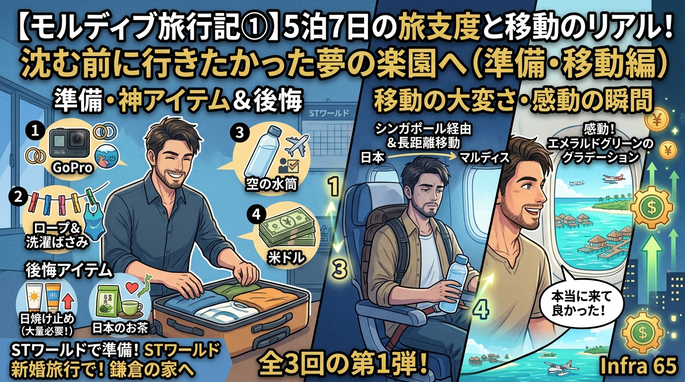 【モルディブ旅行記①：夢の楽園へ！旅支度と移動のリアル】 画像の左側は、旅行前のパッキングと神アイテムたち。GoProや米ドルに加え、「ロープ＆洗濯ばさみ（水着の部屋干し用）」や「空の水筒（機内での給水ハック）」、そして大量の日焼け止めなど、実体験から分かった必須グッズをまとめています。 そして右側は、シンガポール経由の長距離フライトを経て、水上飛行機の窓から夢のモルディブの島々が見えた感動の瞬間！「海に沈んでしまう前に行きたい」「新婚旅行で行くなら今」という思いで目指した天国のような景色が広がる、最高のスタートです。
