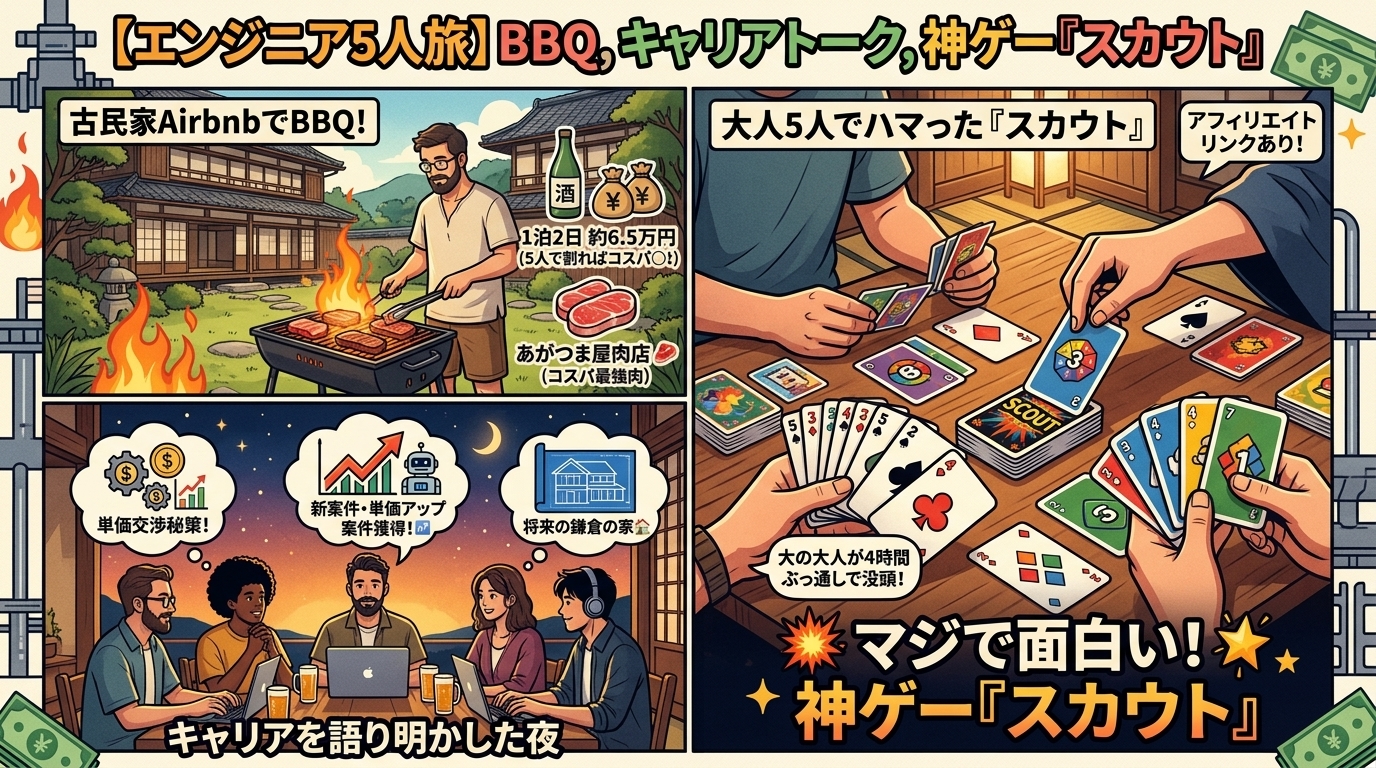 エンジニア5人での古民家Airbnb旅の様子（BBQ、キャリアトーク、カードゲーム『スカウト』に没頭するイラスト図解）