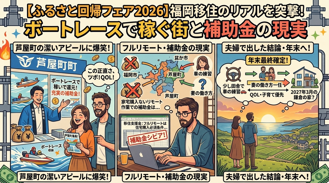 ふるさと回帰フェア2026】福岡移住のリアル。芦屋町のボートレース収益による潔いアピールと、フルリモートワーカーの補助金事情、夫婦で出した車の練習と妻の働き方を優先する結論を描いたアイキャッチ